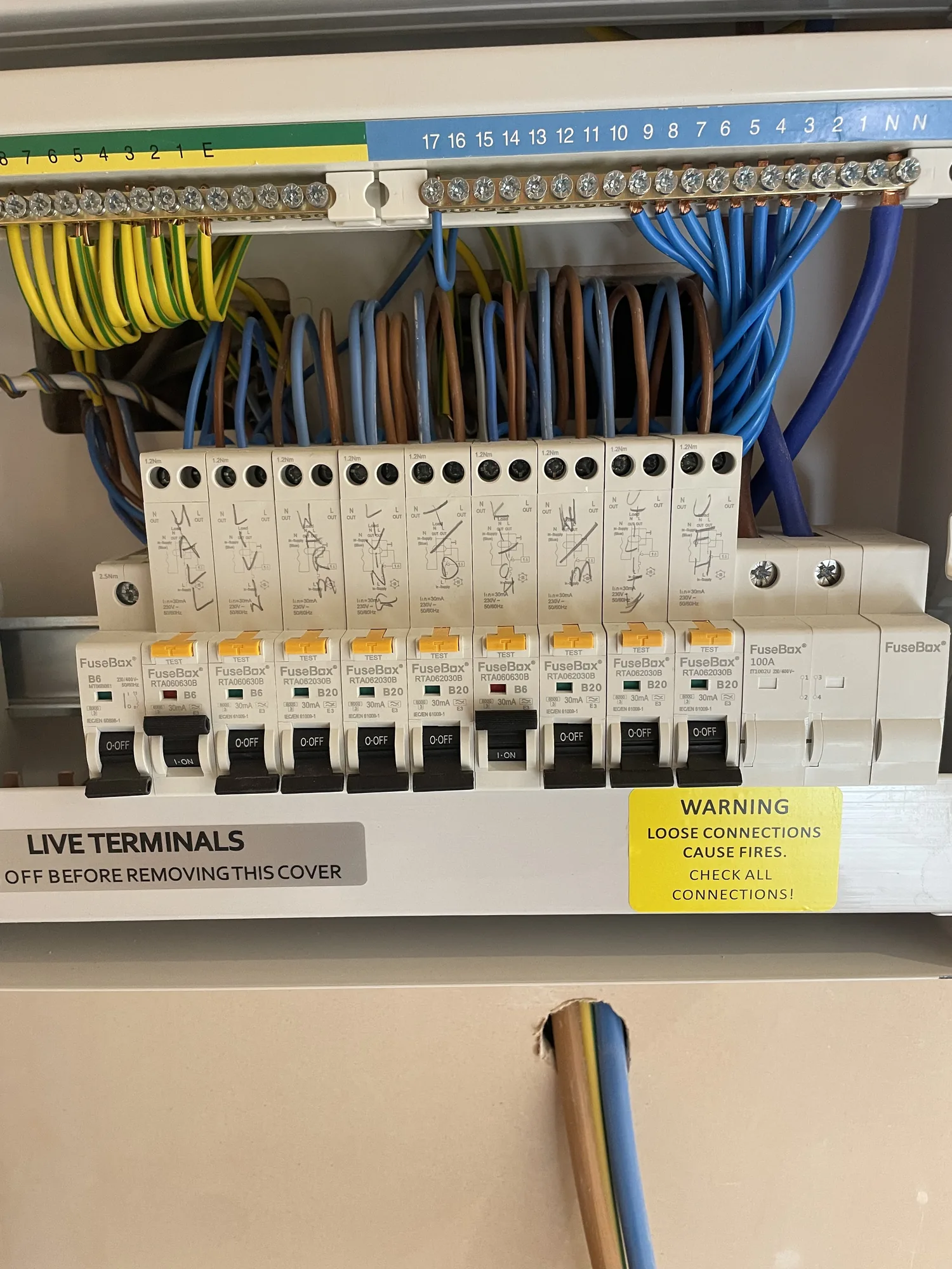 Close-up of RCD-protected circuits in a new board