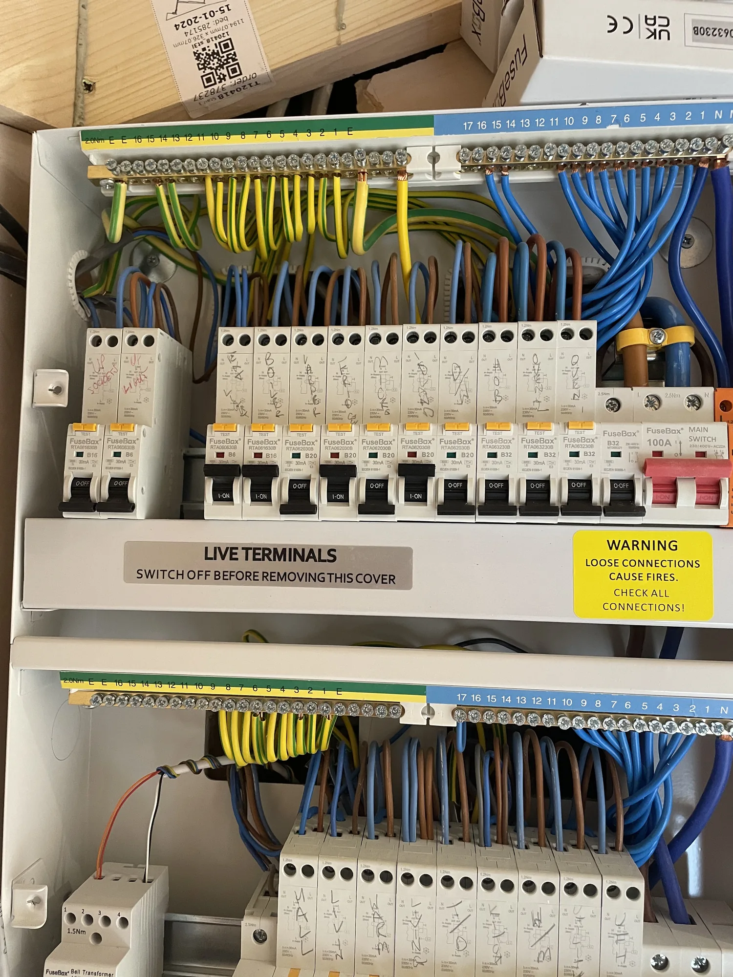 Detail of the wiring in a newly fitted consumer unit